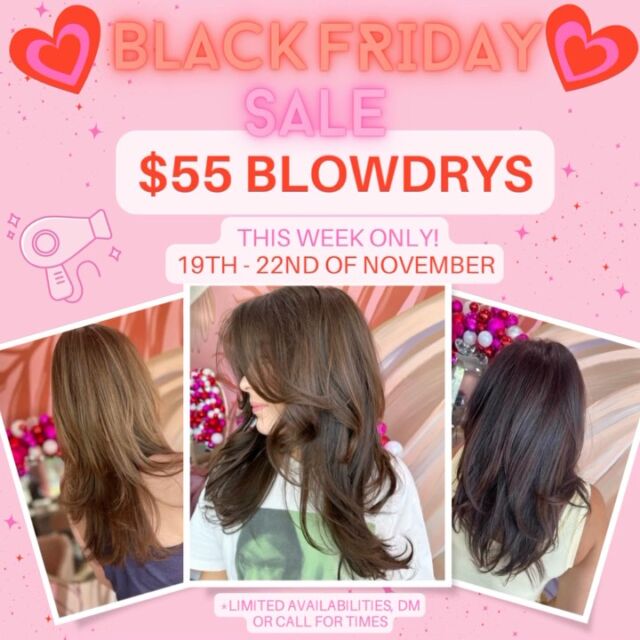 Get a fabulous blowout for just $55, this week only!
Book your appointment today ✨

#blowdry #blackfridaysale #hairgoals #blackfriday #brisbanehairsalon #brisbanehairstylist